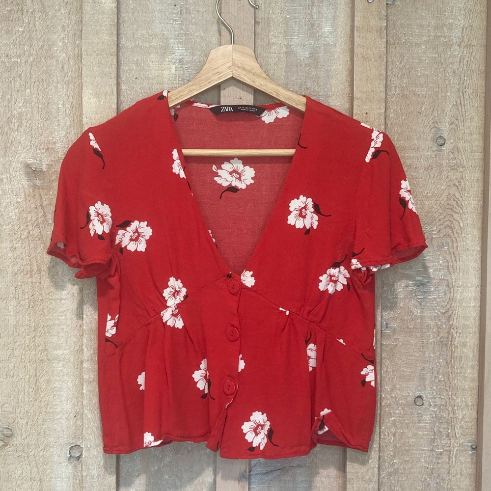 Zara Red Floral Button-Up Blouse